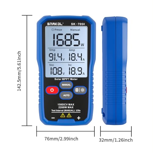 Solar MPPT Power Tester for Photovoltaic Modules, 2200 W, 150 V DC Max, 45 A, Automatic & Manual Power Measurement, Voc Isc Vmp Pmax, 3.2" LCD with Backlight, Portable PV Tester (SK-705X) - color: 2200W