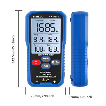 Solar MPPT Power Tester for Photovoltaic Modules, 2200 W, 150 V DC Max, 45 A, Automatic & Manual Power Measurement, Voc Isc Vmp Pmax, 3.2" LCD with Backlight, Portable PV Tester (SK-705X) - color: 2200W