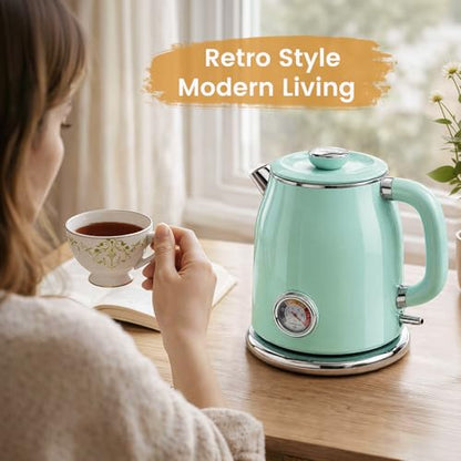 Mecity Retro Electric Kettle 1.7L, Stainless Steel Interior (No Plastic Contact), Double Wall Cool Touch, Fast Boil 1500W, Thermometer (°F/°C), Removable Lid, Wide Opening Easy Cleaning, 120V, Green - color: Light Green