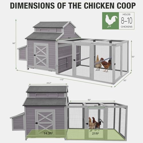 115’’ Large Chicken Coop with Run, Wooden Hen House with Nesting Boxes, Outdoor Poultry Cage with Waterproof Asphalt Roof for 8-10 Chickens, Chicken Tractor with Leakproof Pull-on Tray - size: 115.0"L x 50.0"W x 56.0"H
