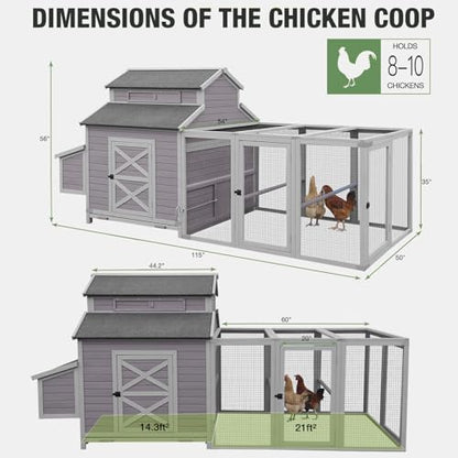115’’ Large Chicken Coop with Run, Wooden Hen House with Nesting Boxes, Outdoor Poultry Cage with Waterproof Asphalt Roof for 8-10 Chickens, Chicken Tractor with Leakproof Pull-on Tray - size: 115.0"L x 50.0"W x 56.0"H
