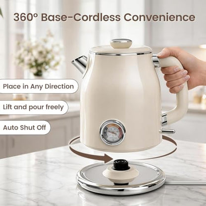 Mecity Retro Electric Kettle 1.7L, Stainless Steel Interior, Food-Grade Silicone Water Contact, Double Wall Cool Touch, 1500W Fast Boil, Thermometer (°F/°C), Wide Opening, Cream - color: Cream