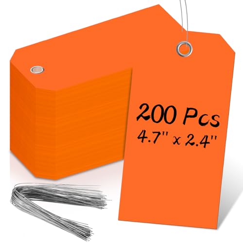 200 PCS 4 3/4" x 2 3/8" Neon Color Shipping Tags with Wire Paper Heavy Duty Hang Tags with Reinforcement Holes Writable Luggage Tag with String Durable Marking Tags (Neon Orange, 4 3/4" x 2 3/8") - color: Neon Orange