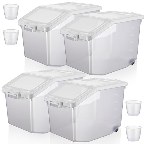 Sunnyray 4 Pcs Rice Storage Container 27.5 lb Airtight Flour Container with Wheels Measuring Cup White Pet Food Dog Cat Birds Food Bin Grain Cereal Organizer Box for Dry Baking Supplies - size: 9.45 x 12.2 x 10.24 Inch