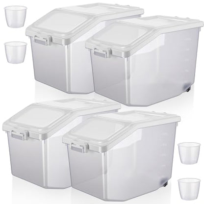 Sunnyray 4 Pcs Rice Storage Container 27.5 lb Airtight Flour Container with Wheels Measuring Cup White Pet Food Dog Cat Birds Food Bin Grain Cereal Organizer Box for Dry Baking Supplies - size: 9.45 x 12.2 x 10.24 Inch
