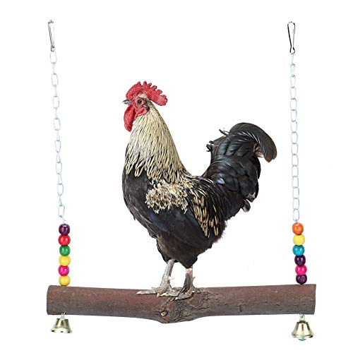 TOPINCN Chicken Bird Swing Toy, Natural Wooden Hanging Perch Chew Climb Play Toy for Bird Cages Coop Medium Large Parrots Chickens Colorful Bell Hook 13.39 x 12.28 in 1 Pack