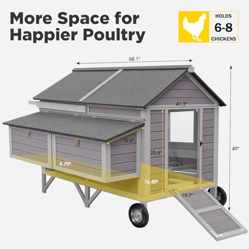 Aivituvin Chicken Coop Large Mobile Wooden Hen House with Nesting Box, Poultry Cage with Strong Iron Frame, Waterproof (Grey, AIR97) - color: Grey, size: 68.1"L x 53.9"W x 49.0"H