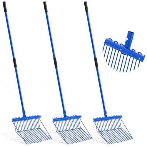 Lasnten 3 Sets Manure Fork with Long Handle, All Metal Head & Handle, Pitch Fork Manure Rake Heavy Duty Dustproof Muck Rake for Gardening Horse Stable Grass Hay Cleaning Farm Work (Blue) - color: Blue