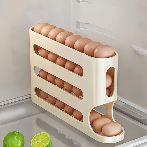 Egg Holder for Fridge, Egg container for refrigerator, Space-Saving Automatic Rolling Eggs Dispenser, 4 Tiers Fridge Egg Rack for Refrigerator Holds up to 30 pcs