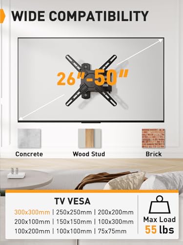 Perlegear Full Motion TV Wall Mount for Most 26–50 Inch TVs, Max VESA 300 x 300mm, TV Monitor Wall Mount Bracket with Rotation, Swivel, Tilt, Extension and Leveling Adjustment, Holds up to 55 lbs - size: for 26-50 inch TVs