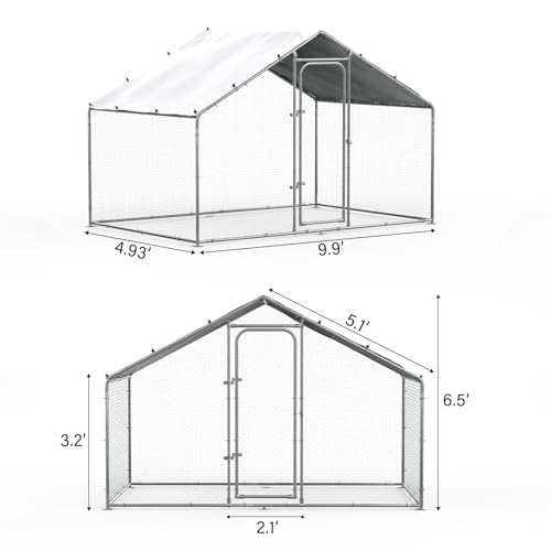 ORANLAND Large Metal Chicken Coop, 5.0x9.9x6.6ft Walk-in Chicken Runs with Cover, Spire Roof Chicken Pen with Security Lock, Outdoor Duck Rabbit Cage Poultry Pen for Backyard, Farm, Yard - size: 59.1"L x 119.0"W x 77.0"H