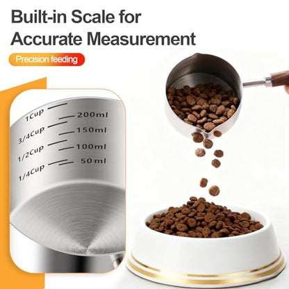Dog-Cat Food Scoop 1 Cup – 304 Stainless Steel Measuring Cup with Long Walnut Handle, Precise Scale for Pet Food, Easy to Clean & Durable Metal Scoop for Dogs, Cats, and Kitchen Use