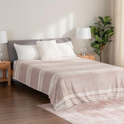 Berkshire Blanket-Classic Heavyweight Warm Soft Printed VelvetLoft® Plush Blanket, King Size Soft Fuzzy Blanket for Couch Sofa Bed, Stripe Cream, 90in x 108in - color: Stripe Cream, size: King/Cal King