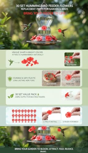 Hyuduo 30-Piece Hummingbird Feeder Replacement PartsHummingbird Feeder Rings Flower Feeding Ports for Garden Hummingbird Feeders (Red/White/Yellow) - color: Red