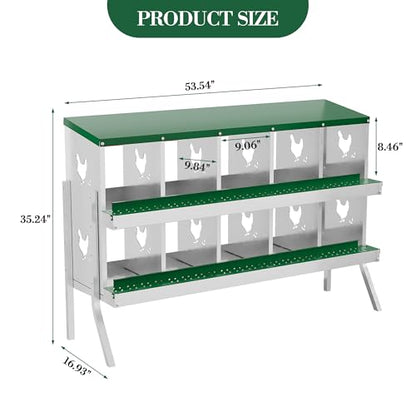 Chicken Nesting Box,10 Compartments Galvanized Steel Metal Chicken Laying Box with Roll Out Egg Collection,Wall Mount Chicken Nesting Boxes,Easy Egg Collection, Hen Roosting Boxes - color: Green, size: 10 Holes with Legs