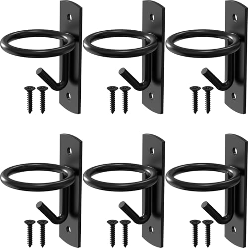 6 Pack Black Metal Bucket Hooks for Horse Stalls, Wall Mount Equestrian Water Feed Bucket Holder Hangers with Installation Screws, Farm Barn Supplies