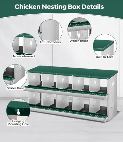 10 Compartment Chicken Nesting Boxes, Metal Roll Away Egg Laying Boxes with Removable Tray & Lid Cover, Chicken Coop Nest Box for Hens, Egg Protection Design (Without Legs) Green - color: Green, size: 10 hole - without leg