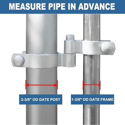 2 Pack 1-3/8" x 2-3/8" Chain Link Fence Gate Hinge Kit, Galvanized Steel Gate Hinges, Heavy Duty with 2 PCS 1-3/8" Frame Hinge and 2 PCS 2-3/8" Post Hinge, Bolts & Nuts Included