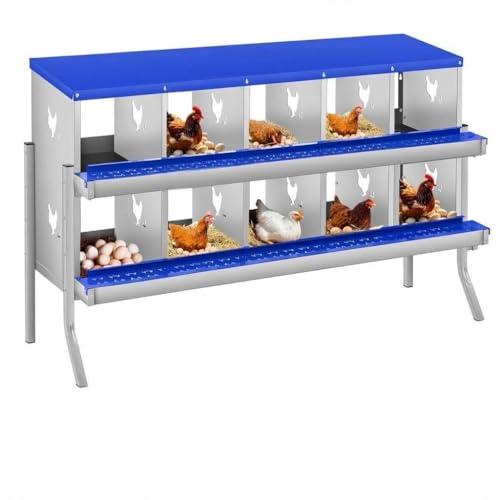 Two-Tier Removable Tray Design - Chicken Nesting Box for Small Animals - 10 Compartments, Galvanized Steel, Large Vented Holes, Wall Mount or Freestanding, Easy Clean - Blue, 10 Compartments ZW - color: Blue | 10 Compartment+legs