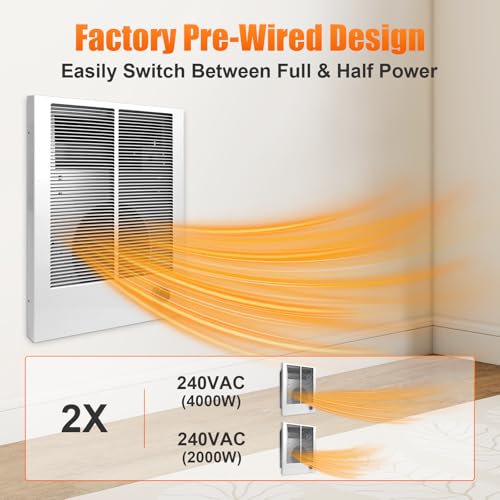 198 High Capacity Wall Heater supports recessed or surface mounting, 240 VAC, 4000W/2000W, Adjustable Front Thermostat For Living Rooms, Offices and Small Shops
