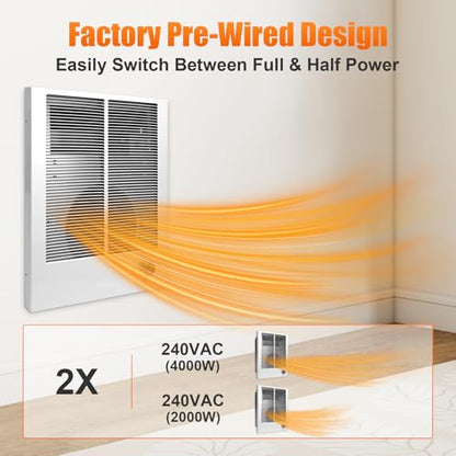 198 High Capacity Wall Heater supports recessed or surface mounting, 240 VAC, 4000W/2000W, Adjustable Front Thermostat For Living Rooms, Offices and Small Shops