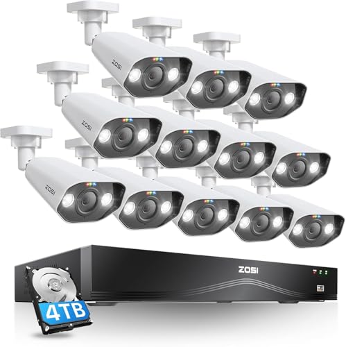 ZOSI 16CH 4K PoE Security Camera System with 2-Way Audio, 12pcs 8MP Outdoor Indoor Metal IP Cameras, AI Person Vehicle Detection, Color Night Vision, 16Port 32CH NVR with 4TB HDD for 24/7 Recording - size: 16CH+12Cam+4TB
