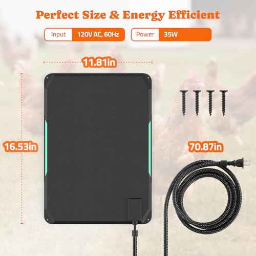 Heated Chicken Pad for Brooders, Small Animal Pet Heating Pad, Warming Chick Nesting Pad with Chew Resistant Cord, Automatic Temperature, Waterproof Chicken Coop Heater Pad, 12 x 17 in, Black, 35W