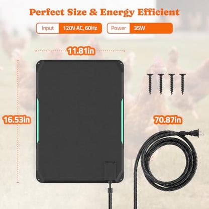 Heated Chicken Pad for Brooders, Small Animal Pet Heating Pad, Warming Chick Nesting Pad with Chew Resistant Cord, Automatic Temperature, Waterproof Chicken Coop Heater Pad, 12 x 17 in, Black, 35W