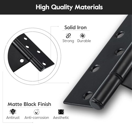 HOME MASTER HARDWARE 10 Inch T-Strap Heavy Duty Shed Door Hinges-Black, for Outdoor Barns and Wooden Fences, 6 Pack with Screws - size: 10 in-6 Pack