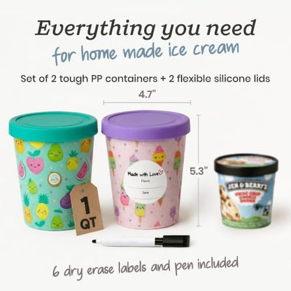 StarPack Freeze The Day Homemade Ice Cream Containers (2-Pack, 1 Quart) - Airtight Silicone Lids, BPA-Free Reusable Ice Cream Freezer Containers with Lids, Stackable, Kawaii Pink & Green - color: Kawaii Pink & Green, size: 2-Pack 1Qt