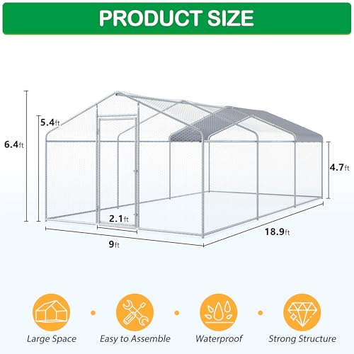 Large Metal Chicken Coop, Walk-in Chicken Run Pen with Waterproof Cover, Spire Roof Hen House Poultry Cage for Outdoor, Backyard, Farm(8.9x19 FT) - size: 227.0"L x 107.5"W x 77.0"H