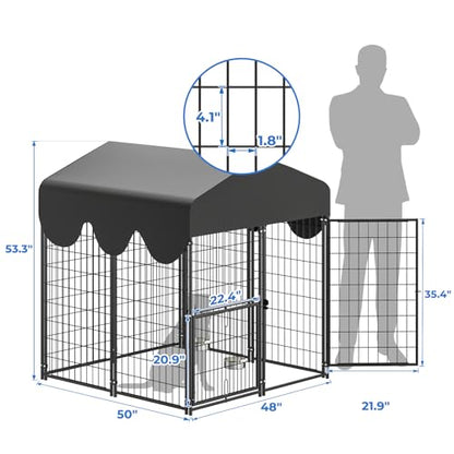 4x4x4.5ft Outdoor Dog Kennel, Metal Heavy Duty Dog Run with Rotating Door & 2 Adjustable Bowls, Dog Kennel Outside with Waterproof Cover, Pet Enclosure Indoor for Small/Medium/Large Dogs