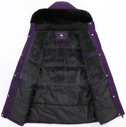 MOERDENG Women's Long Winter Down Coat Thicken Fleece Lined Parka Warm Puffer Jacket With Faux Fur Detachable Hood - color: Purple, size: Small