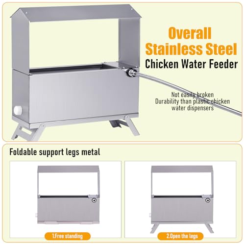 Chicken Waterer 1.5 Gallon Automatic Water Dispenser for Poultry | Chicken Water Feeder with Float Valve Kits | Stainless Steel | With Legs | Anti-Roost Lid | for Ducks, Turkeys, Quail