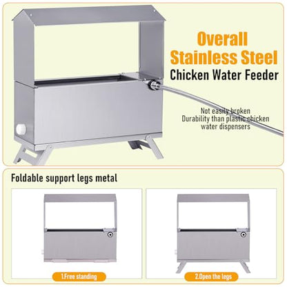 Chicken Waterer 1.5 Gallon Automatic Water Dispenser for Poultry | Chicken Water Feeder with Float Valve Kits | Stainless Steel | With Legs | Anti-Roost Lid | for Ducks, Turkeys, Quail