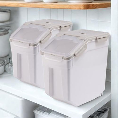 2 Pack Rice Storage Container 25 lbs, Airtight Flour Storage Containers with Lid and Wheels, Measuring Cup & Scoop, BPA Free, Bulk Food Dispenser for Sugar, Grain, Cereal - Pet Food Bin (Grey) - color: 2Pcs 25LB Grey