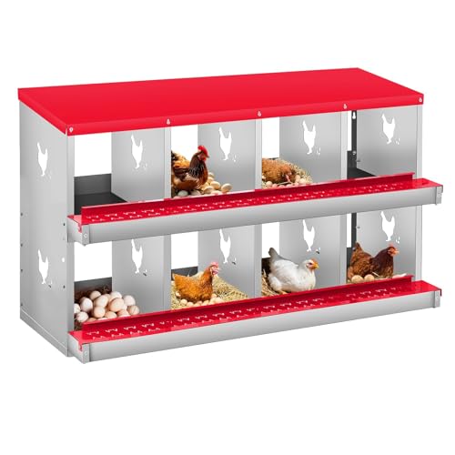 Metal Chicken Nesting Box, 8 Compartment, Single Layer, Wall Mount or Free Standing, Perch, Secure Lid, Vented Holes, Easy Egg Collection – Poultry Coop Accessory – Red - color: Red, size: 8-Room