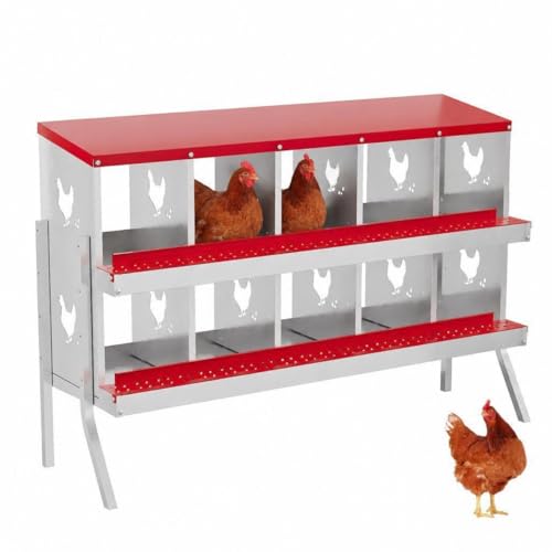 Chicken Nesting Boxes, 10 Compartment Metal Stainless Steel Chicken Laying Boxes, Removable Roll-Away Trays & 2-in-1 Perch, Easy to Clean and Install, for Outdoor Chicken Coop, Red - color: Red, size: 10 holes