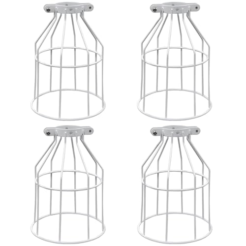 Farmhouse Vintage Industrial Metal Wire Cage, Old Open Style Lamp Guard Adjustable for Hanging Pendant Lighting, Perfect DIY Lamp Shade Replacement Accessories, Set of 4, White - color: 4-pack-white