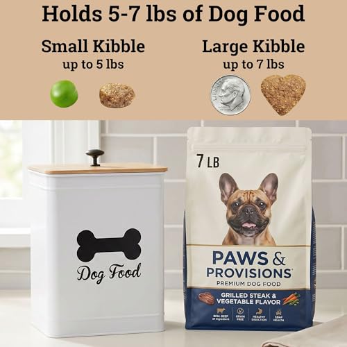 Dog Food Container Airtight Bamboo Lid 5-7 lb, 25 Cups, Sturdy Metal Handle | Pet Jar For Dogs up to 50lbs, Airtight Bamboo Lid, Sturdy Comfortable Metal Handle, Powder Coated Iron, Kibble Storage Bin - color: White