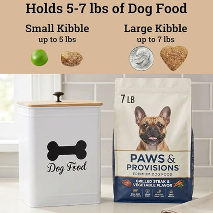 Dog Food Container Airtight Bamboo Lid 5-7 lb, 25 Cups, Sturdy Metal Handle | Pet Jar For Dogs up to 50lbs, Airtight Bamboo Lid, Sturdy Comfortable Metal Handle, Powder Coated Iron, Kibble Storage Bin - color: White