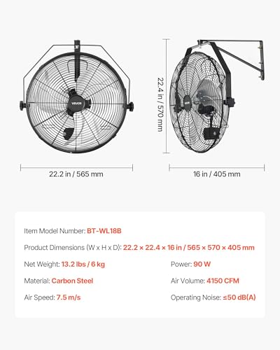 VEVOR Wall Mount Fan, 18 in Wall Mounted Hanging Fan with IP44-rated Protection, 3-Speed, Long Airflow Distance, Adjustable Rotation Angle, Powerful for Industry, Commercial, Garage, Workshop - size: 18In-Waterproof