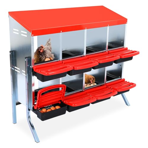 Chicken Nesting Boxes,8 Hole Metal Roll Away Eggs Laying Boxes with Ventilation Holes，Rustproof Plastic Tray & Keyhole Mounting, Cleanable Pull Out Nest Box for Hen & Duck, Red - color: Red, size: 8 holes with legs