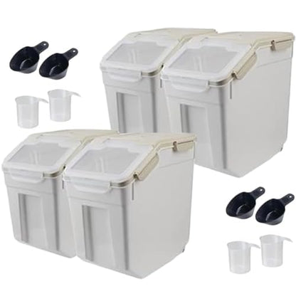 4 Pack Grain Food Storage Container, 20LB Airtight Rice Bin Storage Bucket with Spoon and Measuring Cup, Large Flour Dispenser Container Set 80LB Total Capacity, Grey - color: 30lbs,4Pcs,Gray
