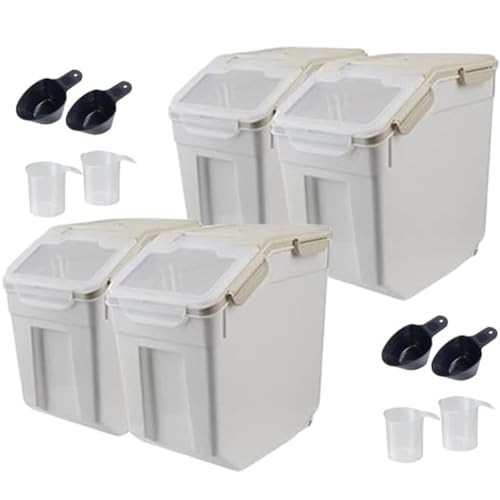 4 Pack Grain Food Storage Container, 20LB Airtight Rice Bin Storage Bucket with Spoon and Measuring Cup, Large Flour Dispenser Container Set 80LB Total Capacity, Grey - color: 30lbs,4Pcs,Gray