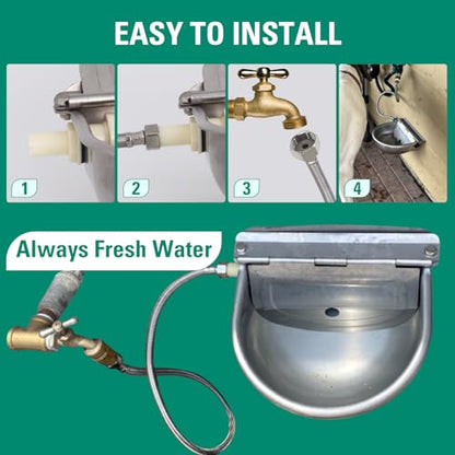 304 Stainless Steel Automatic Livestock Waterer with Float Valve and 39 inch Water Hose(one end 3/4''), Automatic Animal Water Bowl for Dogs,Horse,Calf,Chicken,Goat, Livestock Horse Waterer Dispenser
