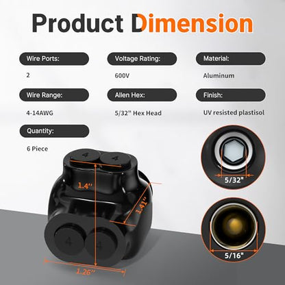 2 Port Insulated Multi Tap Connector 4-14AWG Aluminum to Copper Wire Connectors Dual Entry Black Electrical Cable Connectors with Slotted Allen Hex - 6 Pack - size: 4-14 AWG