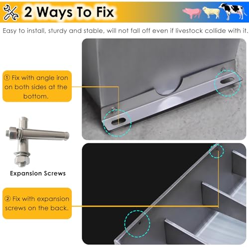 Heavy Duty 2-in-1 Livestock Feed Trough for Pigs, Sheep, and Cattle - Stainless Steel Hanging Goat Feeder, Sloped Opening, Separated Fence Design, 39.4" Long, Easy Access Feeding. - size: 39.4 inch Long with 5 Bit