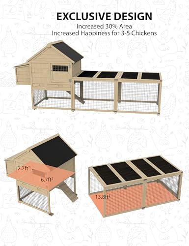 Hipicute Wooden Poultry Cage for 3-5 Chickens, 109in Chicken Coop with Run, Outdoor Hen Coop with Waterproof Roof, Nesting Box, Pull Out Trays and Ramp, Wood Color - color: Wood