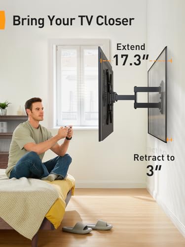 Perlegear Full Motion TV Mount for Most 26–65 inch Flat or Curved TVs up to 82 lbs, Wall Mount TV Bracket with Articulating Arms, Tool-Free Tilt, Swivel, Extension, Max VESA 400x400mm, PGMF3 - size: for 26-65 inch TVs